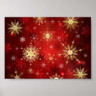Poster Flocos de neve do Ouro de Natal em Fundo Vermelho