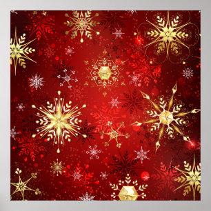 Poster Flocos de neve do Ouro de Natal em Fundo Vermelho