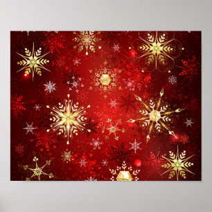 Poster Flocos de neve do Ouro de Natal em Fundo Vermelho