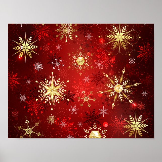 Poster Flocos de neve do Ouro de Natal em Fundo Vermelho (Frente)