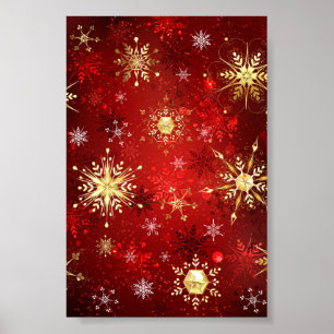 Poster Flocos de neve do Ouro de Natal em Fundo Vermelho