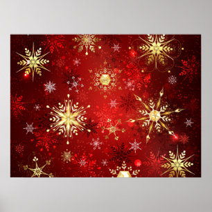 Poster Flocos de neve do Ouro de Natal em Fundo Vermelho