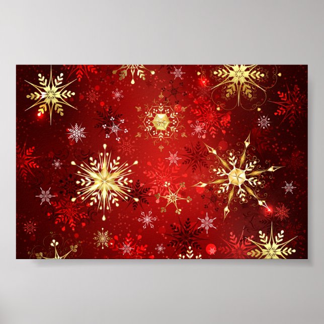 Poster Flocos de neve do Ouro de Natal em Fundo Vermelho (Frente)
