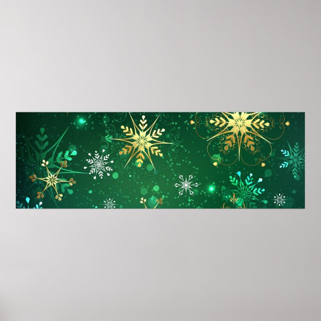 Poster Flocos de neve do Ouro Xmas em fundo verde (Frente)