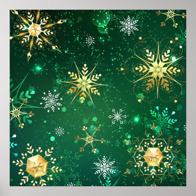 Poster Flocos de neve do Ouro Xmas em fundo verde (Frente)
