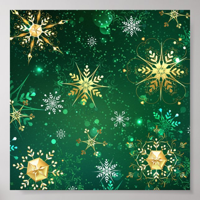 Poster Flocos de neve do Ouro Xmas em fundo verde (Frente)