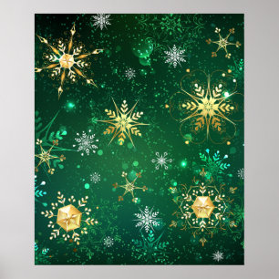 Poster Flocos de neve do Ouro Xmas em fundo verde