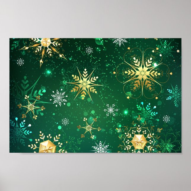 Poster Flocos de neve do Ouro Xmas em fundo verde (Frente)
