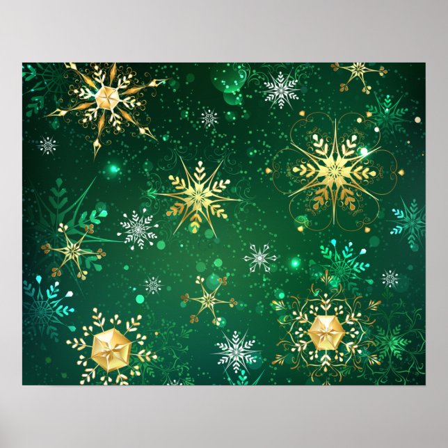 Poster Flocos de neve do Ouro Xmas em fundo verde (Frente)