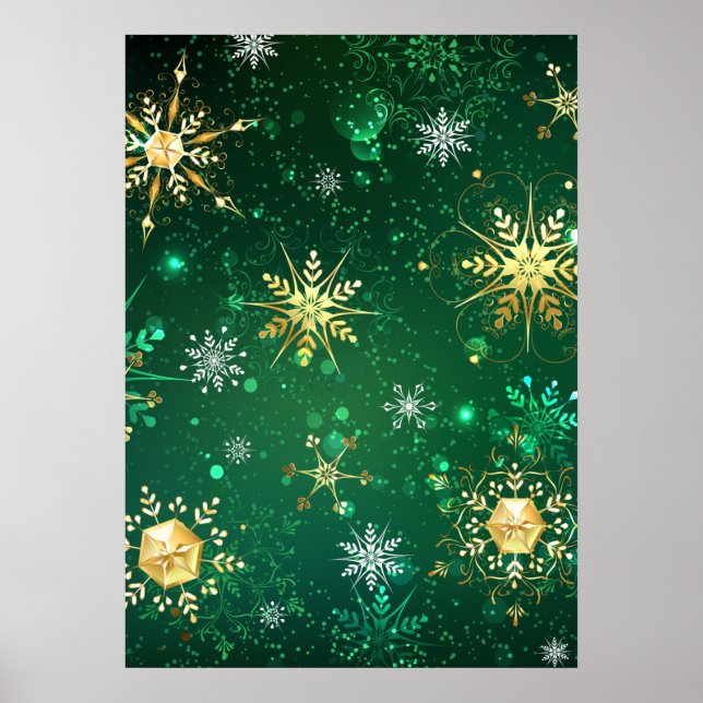 Poster Flocos de neve do Ouro Xmas em fundo verde (Frente)