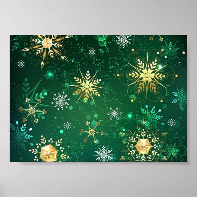Poster Flocos de neve do Ouro Xmas em fundo verde (Frente)