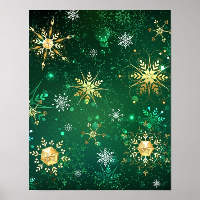 Poster Flocos de neve do Ouro Xmas em fundo verde (Frente)