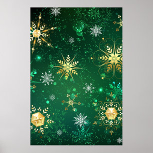 Poster Flocos de neve do Ouro Xmas em fundo verde