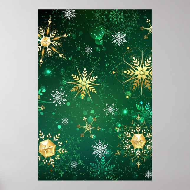 Poster Flocos de neve do Ouro Xmas em fundo verde (Frente)