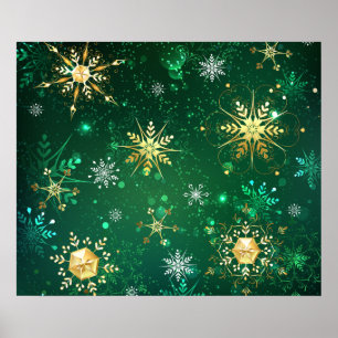 Poster Flocos de neve do Ouro Xmas em fundo verde