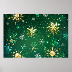Poster Flocos de neve do Ouro Xmas em fundo verde
