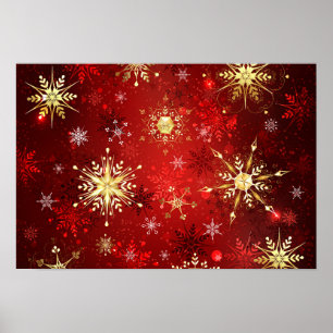 Poster Flocos de Neve Dourados de Natal em Fundo Vermelho