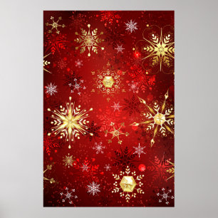 Poster Flocos de Neve Dourados de Natal em Fundo Vermelho