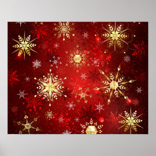 Poster Flocos de Neve Dourados de Natal em Fundo Vermelho