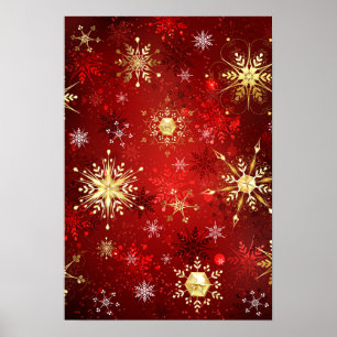 Poster Flocos de Neve Dourados de Natal em Fundo Vermelho