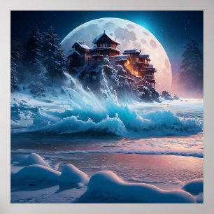 Poster Flocos de neve, lua cheia com praia