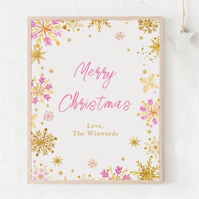 Poster Flocos de Neve Rosa e Dourado Feliz Natal (Criador carregado)
