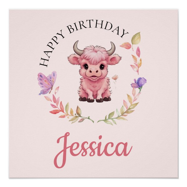 Pôster Floffy Pink Highlands - Vaca Escocesa (Frente)