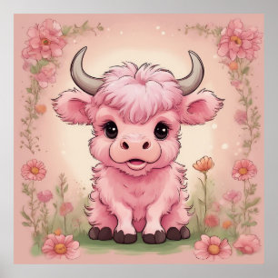 Poster Floffy Pink Highlands - Vaca Escocesa