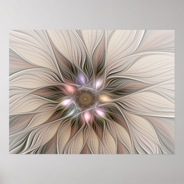 Poster Flor Abstrata Alegre Bege Marrom Fractal Floral (Frente)