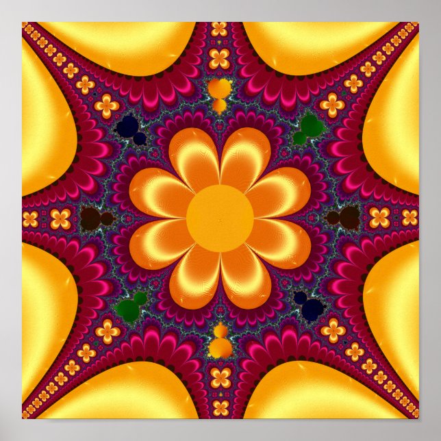 Poster Flor Amarelo Mandelbrot Mandala (Frente)