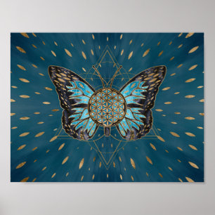 Poster Flor da Borboleta Vida - Gemstone Azul e ouro