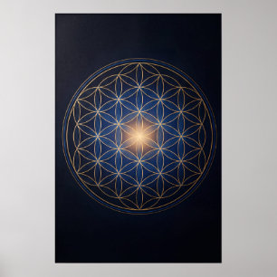 Poster Flor da Vida Geometria Sagrada Dourado Azul Espiri