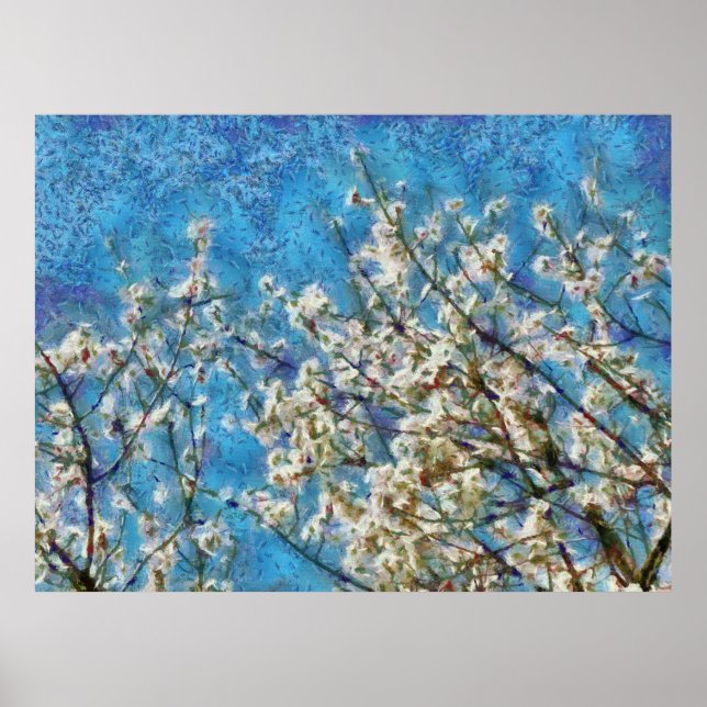 Poster Flor de Amêndoa e Céu Azul no Estilo de Arte Dotad (Frente)