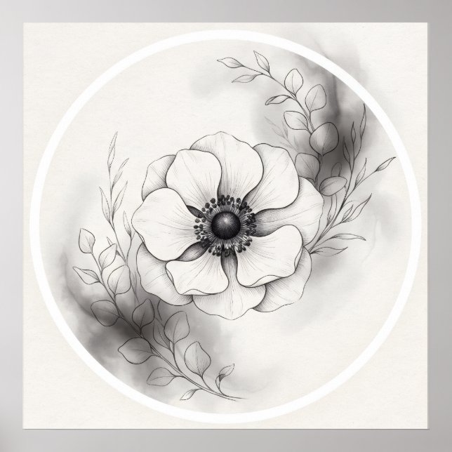 Poster Flor de Anêmona Botânica Preto Branco (Frente)