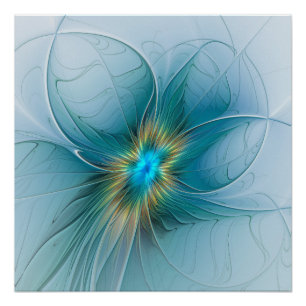 Pôster Flor de Arte Fractal Dourada e Azul Moderno