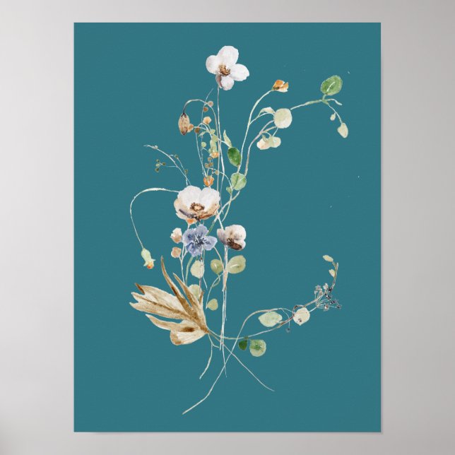 Poster Flor de Campo Azul Teal Flor Aquarela (Frente)