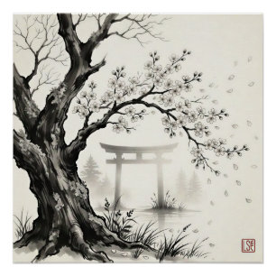 Pôster Flor de Cerejeira e Portão Torii — Tinta Sumi-e J