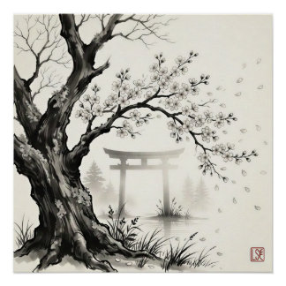 Pôster Flor de Cerejeira e Portão Torii — Tinta Sumi-e J