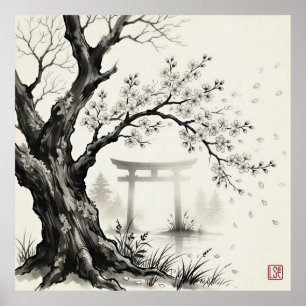 Poster Flor de Cerejeira & Portão Torii — Tinta Sumi-e J