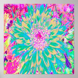 Poster Flor de Dália Teal Verde e Rosa Quente Decorativa