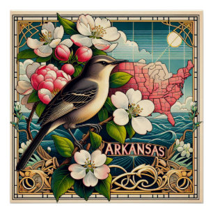 Pôster Flor de Estado do Arkansas e Design azul de pássar