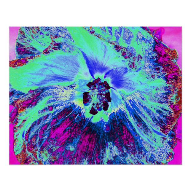 Pôster Flor de Hibisco Azul e Verde Psicotrópico Retro (Frente)