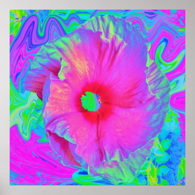 Poster Flor de Hibisco Vermelho, Rosa Psicodélico (Frente)