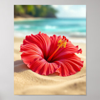 Poster Flor de Hibisco Vermelho Tropical Praia Férias de