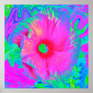 Poster Flor de Hibiscus Vermelho e Rosa Psicodélica