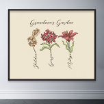 Poster Flor de Jardim 3 Netos da vovó Nome Floral<br><div class="desc">Esta Flor de Jardim e Netos do nome personalizado da vovó é uma mistura deliciosa de charme de safra e calor personalizado. É a adição perfeita ao refúgio de qualquer avó, trazendo a beleza de um jardim botânico direto para sua casa. Apresentando uma ilustração impressionante de flores de vintage que...</div>