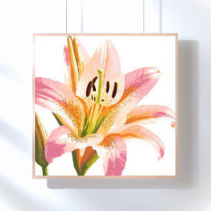 Pôster Flor de Lírio Rosa Pintura Floral em Aquarela