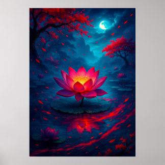 Poster Flor de Lotus brilhando sob fantasia de lua