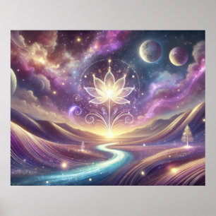 Poster Flor de Lótus com Céu Cósmico e Rio Fluindo