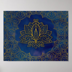Pôster Flor de Lotus Dourado elegante no azul